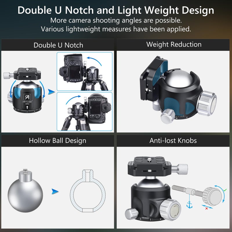 ARTCISE Low Profile Ball Head Tripod Mount Ball Head 52mm Diameter ARTCISE LB52 All Metal CNC Machining with Two 1/4" Quick Release Plates for Tripod, Monopod, DSLR, Camcorderï¼ŒMax Load 66lbs /30kg - Image 5